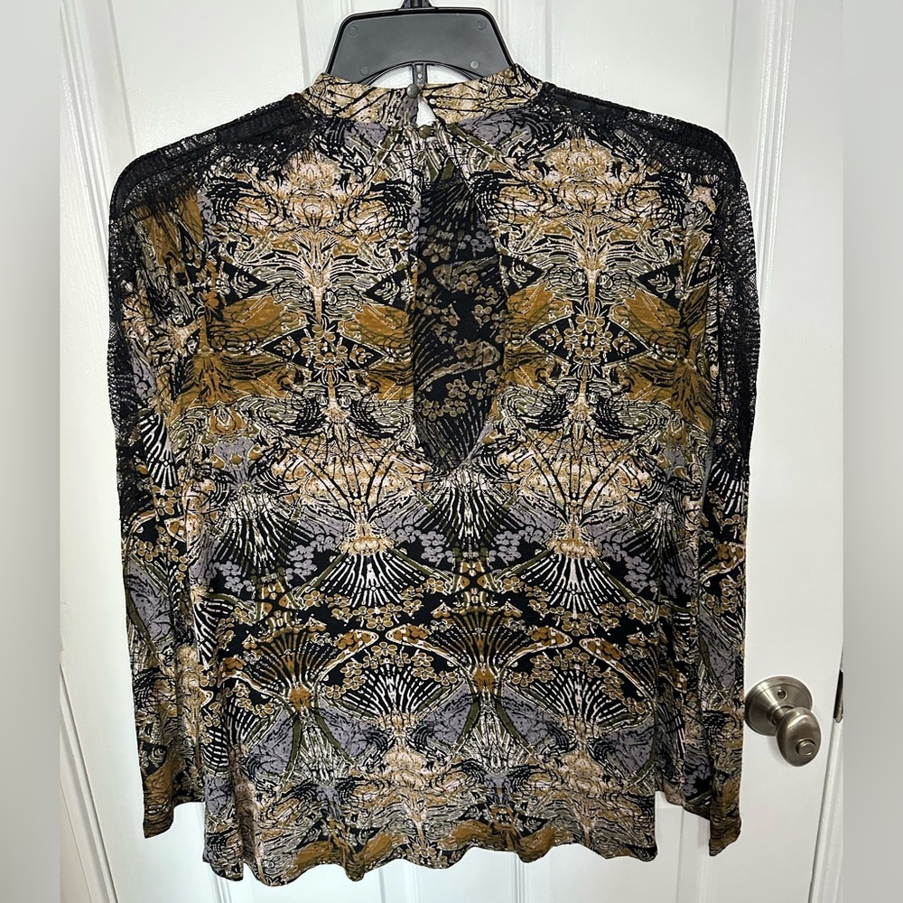 Free People Nouveau Drape Abstract Lace Sleeve Top Womens Small Brown Neutral - Picture 3 of 9